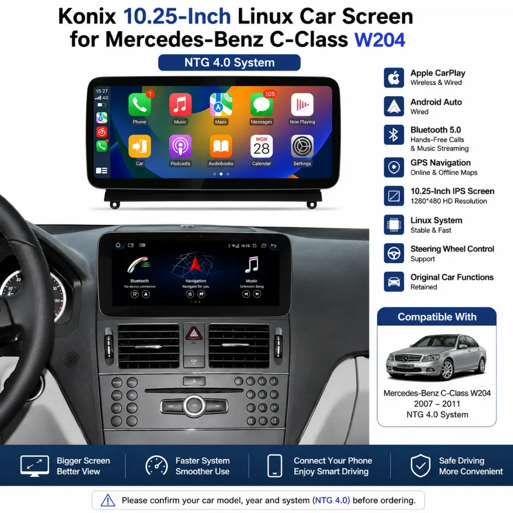 Konix 10.25-Inch Linux Car Screen for Mercedes-Benz C-Class W204 2007-2011 – NTG 4.0 System