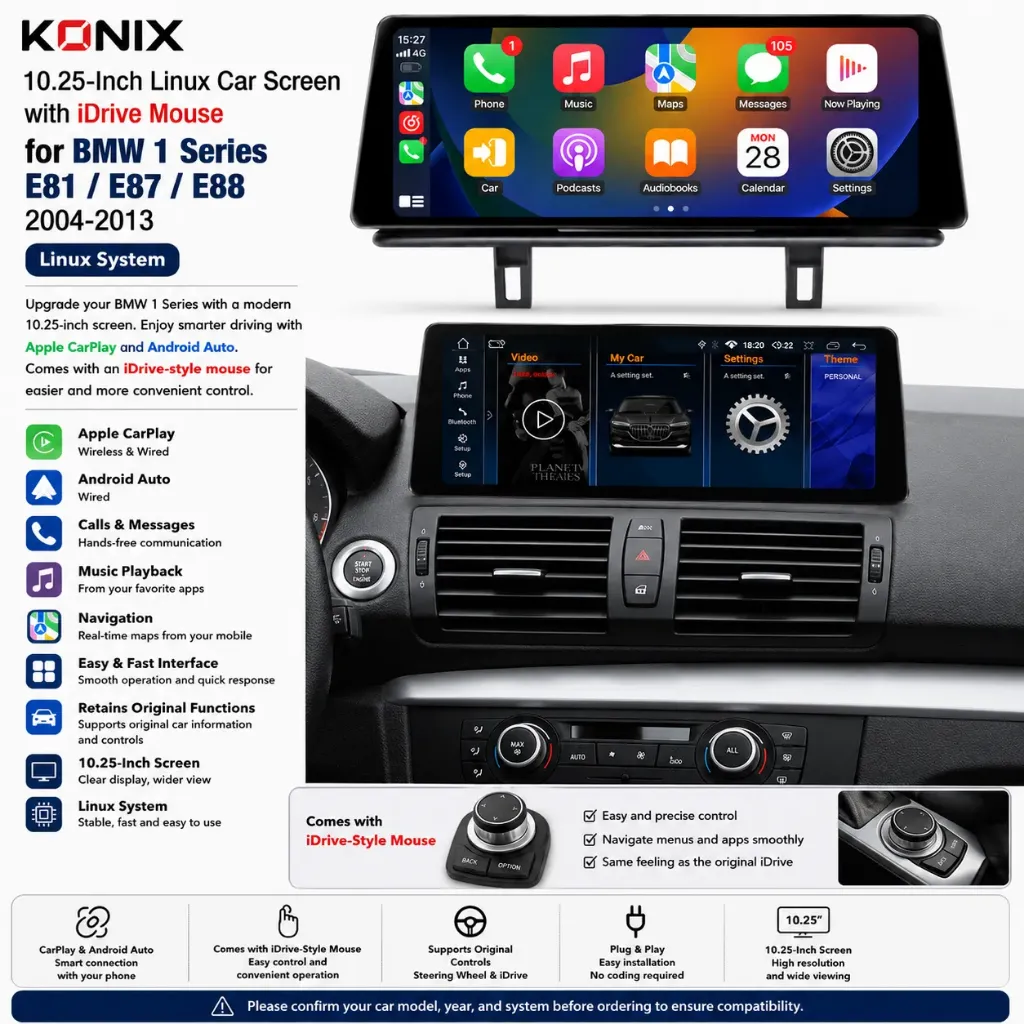 Konix 10.25-Inch Linux Car Screen with Mouse for BMW 1 Series E81 / E87 / E88 2004-2011