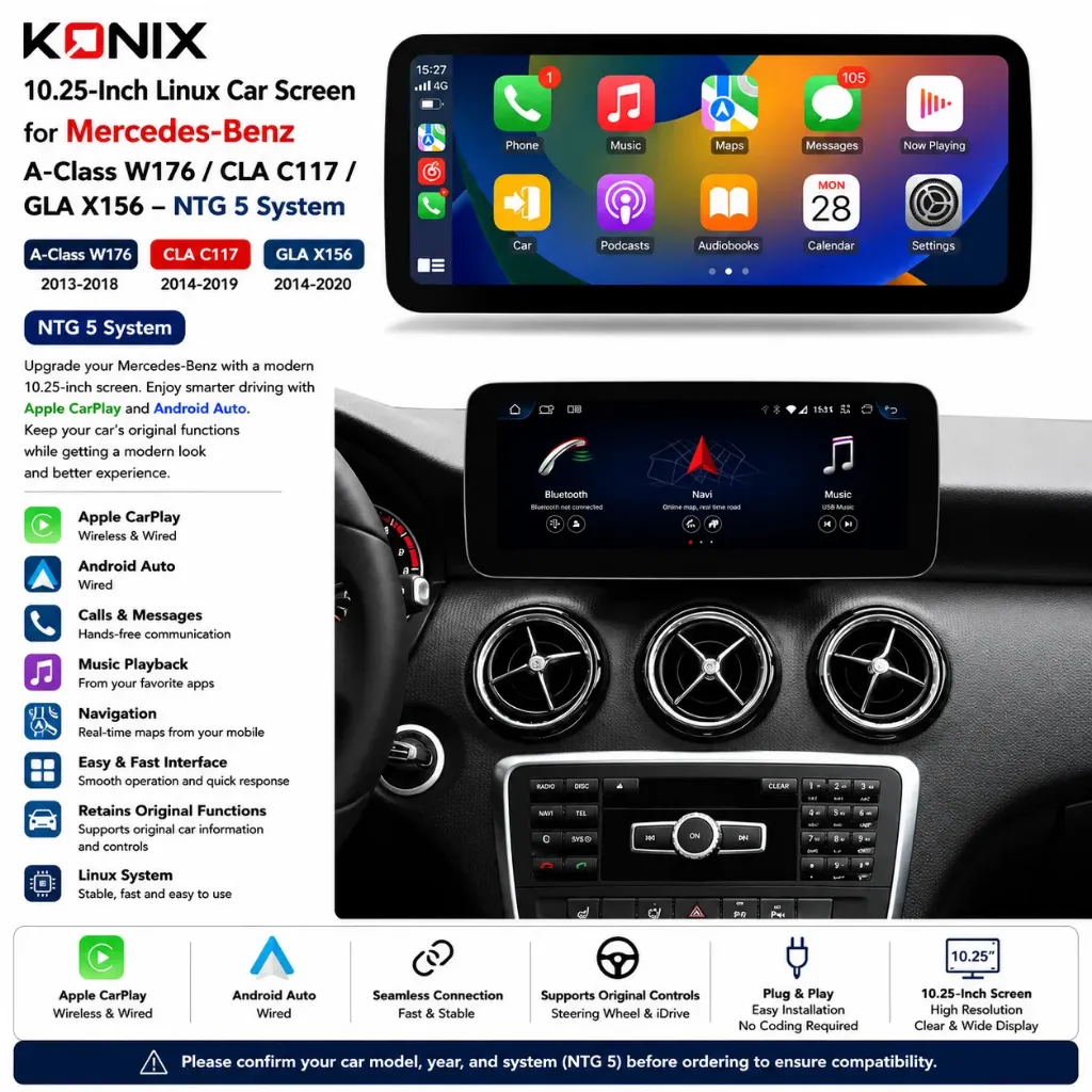 Konix 10.25-Inch Linux Car Screen for Mercedes-Benz A-Class W176 / CLA C117 / GLA X156 – NTG 4.5 System