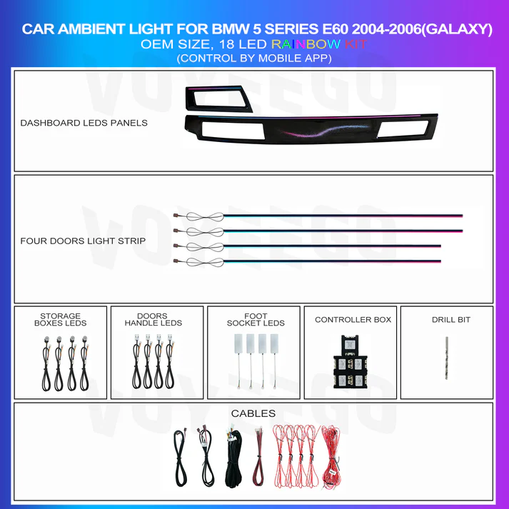 BMW 5 Series E60/E61 Ambient Lighting Kit 2004–2006 | Galaxy Rainbow 18 LED OEM Size Kit